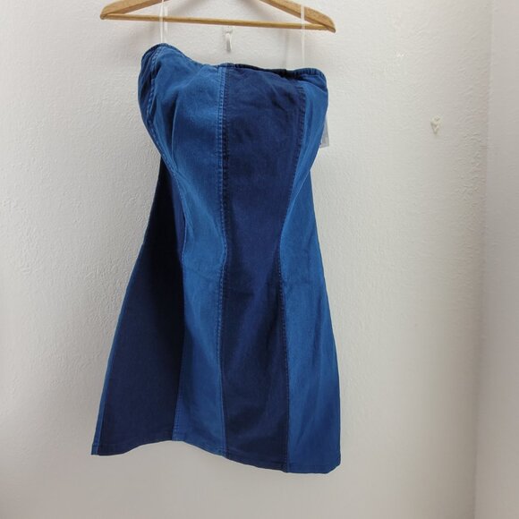 Derek Heart Dress Junior's Large Blue Blocked Denim Strapless Cotton Blend New - Picture 1 of 15
